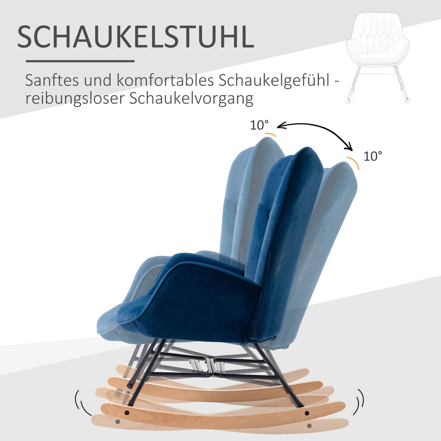 Schommelstoel – Wiegstoel – Relaxstoel – Lounge Stoel – Zitstoel – Velvet Bekleding – Houten Frame – Draaggewicht 150 Kg – Diepblauw Design