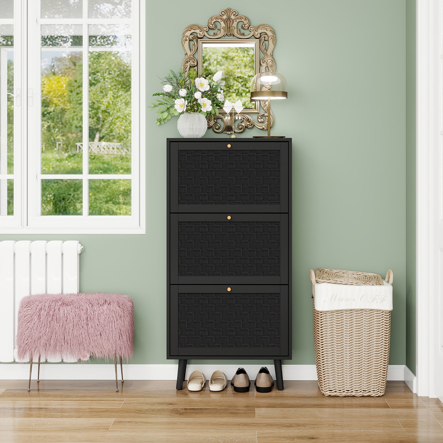 Schoenenkastje – Schoenenrek – Schoenopberger – Entreekast – Schoenmeubel – Zwart Bamboe – Boho Streepjespatroon – Compact 60x24x121 cm