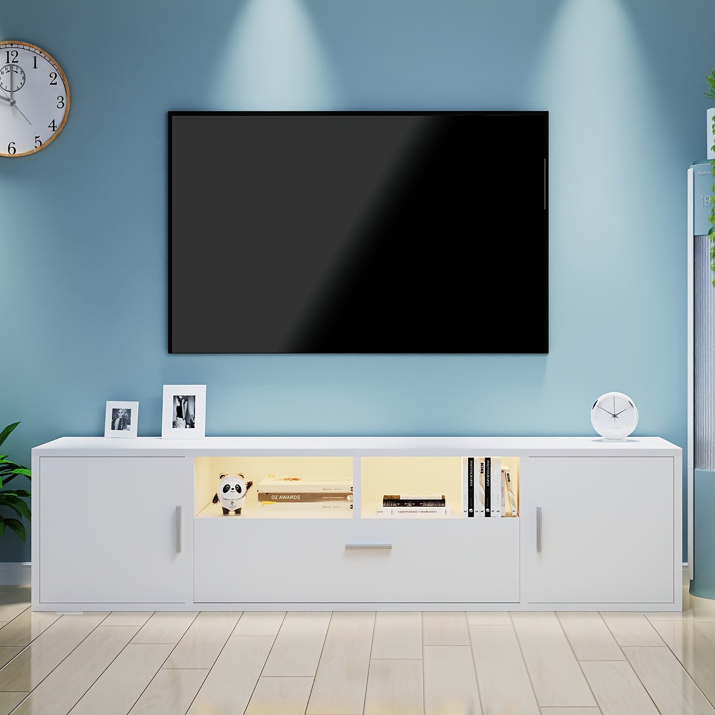 63-Inch TV Cabinet with Tempered Glass Shelf And Multi-Color Lighting, Fits Up to 70-Inch TVs