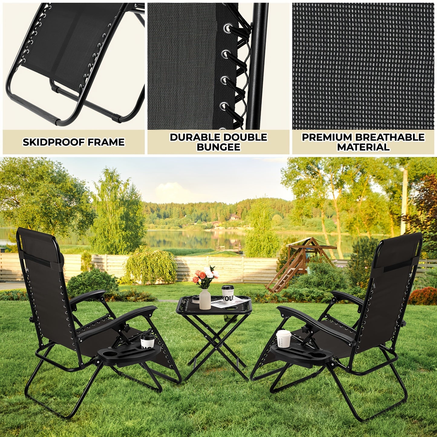 Ligstoel – Tuinstoel – Strandstoel – Campingstoel – Ligbed – Verstelbare Rugleuning – Opvouwbaar Met Zijtafel – Zwart – Stevig Lichtgewicht Frame