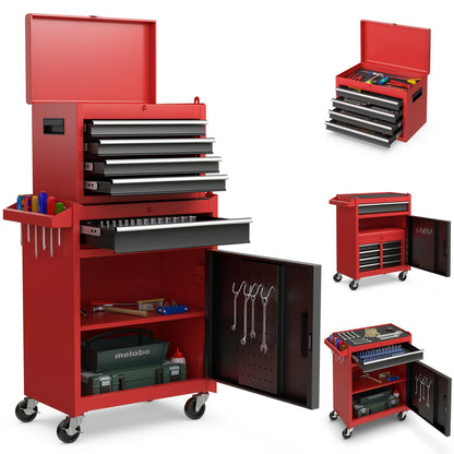 Gereedschapskist – Werkplaatskast – Tool Organizer – Opbergkist – Gereedschapswagen – Vergrendelbare Wielen – Verstelbare Planken – Afneembare Bovenkist – Antislip Voeringen – Robuuste Metalen Constructie – Zwart