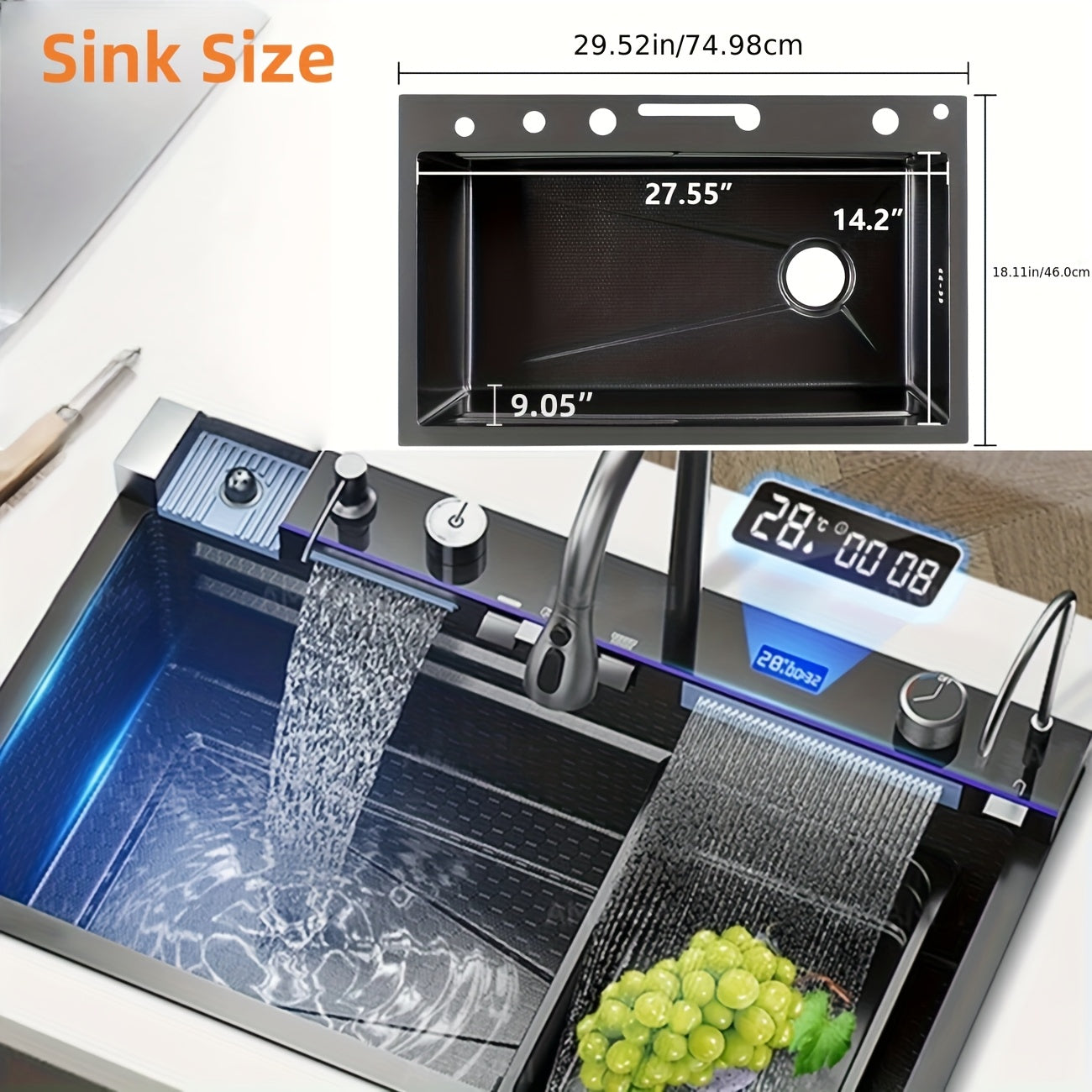 Keukenspoelbak RVS Spoelbak Enkelvoudige Kraan Spoelbak Inbouw Spoelbak – Zwarte RVS Finish – 74,93 x 44,96 cm – 3-Snelheden Uittrekbare Kraan – Inclusief Snijplank en Kopjeswasser