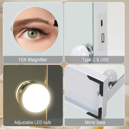 Make-up Spiegel – Beauty Spiegel – Verlichte Spiegel – Vergrotende Spiegel – USB Spiegel – 18 Dimbare Lampen – 10x Vergroting – Wit Metalen Frame – 80x60 cm