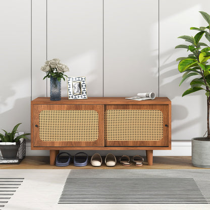Rattan Shoe Cabinet with 2 Doors, Adjustable Shelf, Walnut Finish, Stylish Shoe Storage for Hallway, Living Room, and Bedroom, 104*40*48 cm