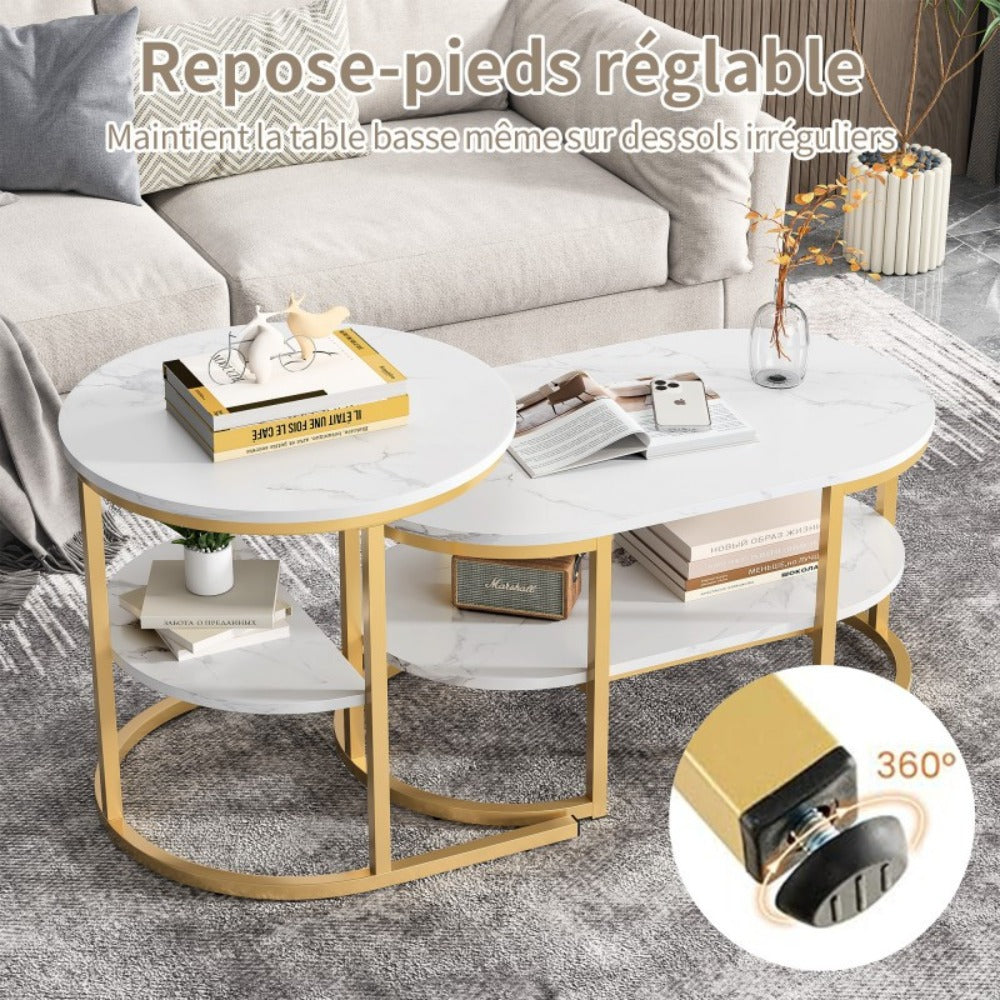 Salontafel – Koffietafel – Bijzettafel – Woonkamertafel – Tafeltje – Set Van 2 Ronde En Ovale Tafels – Dubbele Opbergruimte – Houten Blad Met Metalen Frame
