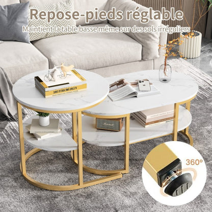 Salontafel – Koffietafel – Bijzettafel – Woonkamertafel – Tafeltje – Set Van 2 Ronde En Ovale Tafels – Dubbele Opbergruimte – Houten Blad Met Metalen Frame
