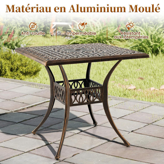 Vierkante Tuin- en Balkontafel – Bistrotafel – Tuinmeubel – Terrastafel – Parasoltafel – Gietaluminium – Verstelbare Poten – Parasolgat 4,8 cm