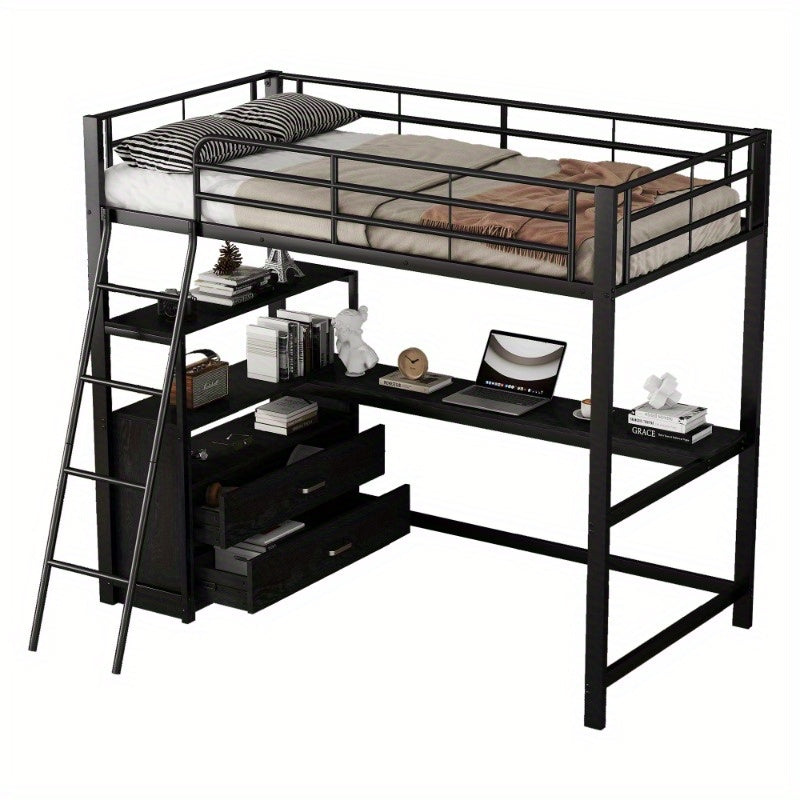 Hoogslaper Bed – Stapelbed – Studiebureau Bed – Ruimtebesparend Bed – Loft Bed Zwart – Stevig Metalen Frame – Ingebouwd L-Vormig Bureau