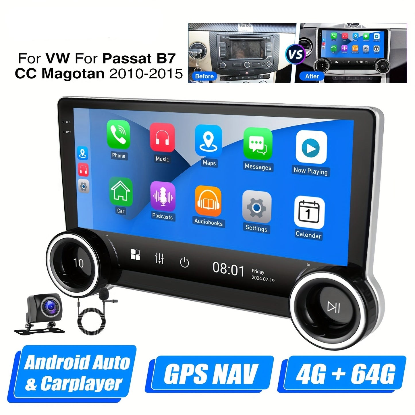 Android 14 Car Stereo – Auto Multimedia Systeem – Navigatie Unit – Touchscreen Radio – Draadloze CarPlay – 10,1 Inch IPS Scherm – 4GB RAM & 64GB Opslag – AHD Achteruitrijcamera & Externe Microfoon