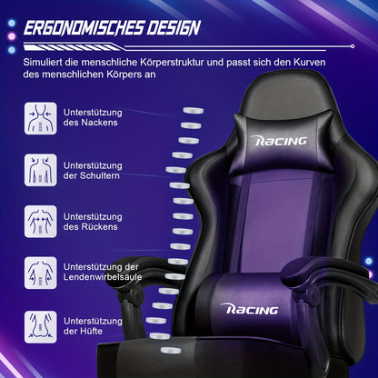 Gamingstoel – Zwarte Gamestoel – Bureaustoel – PC Stoel – Ergonomische Stoel – Verstelbare Lendensteun en Hoofdsteun – 360° Draaibaar Met Voetensteun