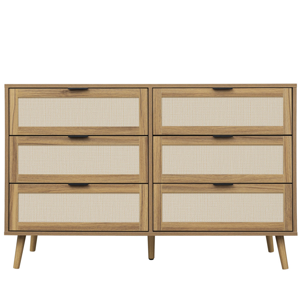 Ladekast – Ladenkast – Commode – Opbergkast – Dressoir – Walnootkleur – Rattan Ladefronten – 6 Lades – Stevige Dennenhouten Poten – 118,5 cm Breed