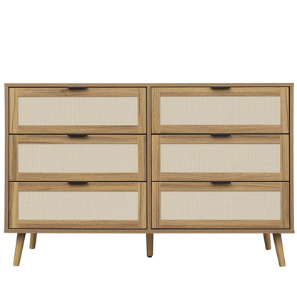 Ladekast – Ladenkast – Commode – Opbergkast – Dressoir – Walnootkleur – Rattan Ladefronten – 6 Lades – Stevige Dennenhouten Poten – 118,5 cm Breed