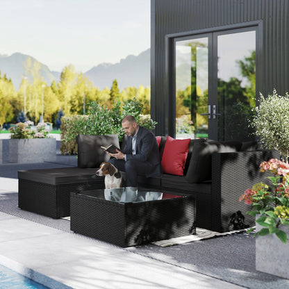 Loungeset Tuin – Loungeset Balkon – Tuinmeubelen – Loungehoek – Tuinbank – Weerbestendig Polyrattan – Comfortabele Kussens – 5-Delige Set Zwart
