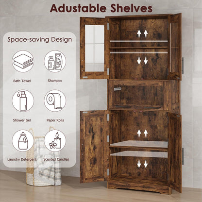 Large Storage Cabinet with Glass Doors | Tall Hardwood Cabinet with Drawers and Shelves, Modern Style, Floor Mount, Brown, Retro Double Door for Hallway and Bedroom