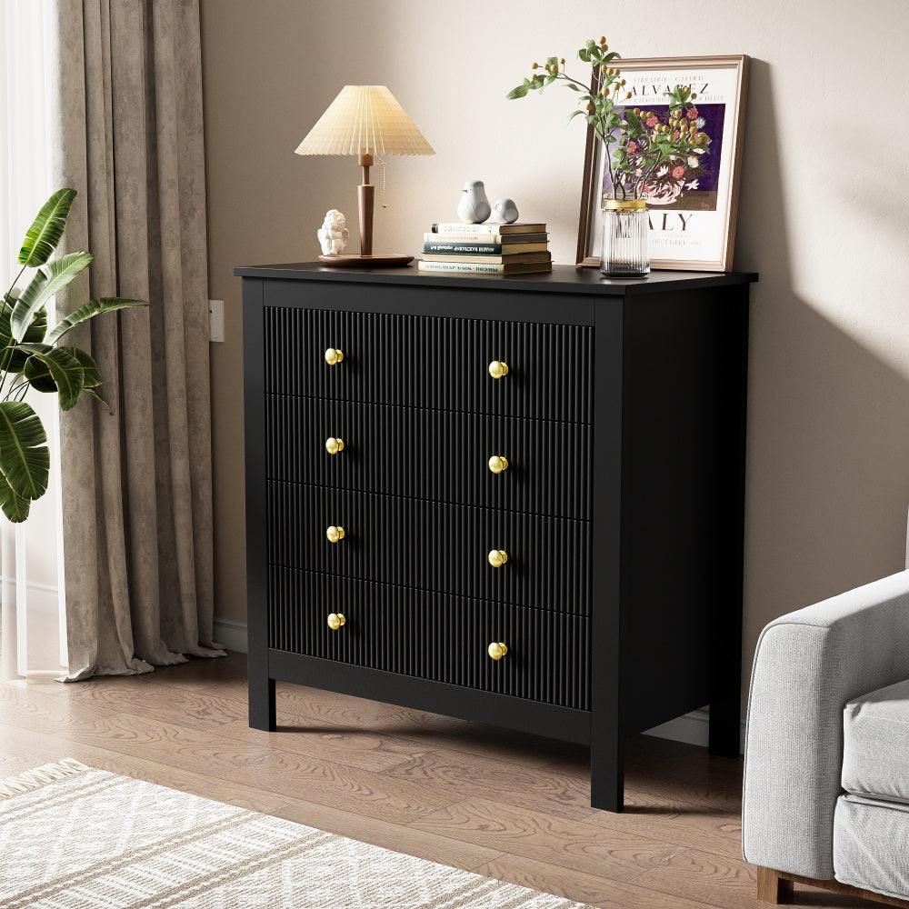 Modern Black Metal Sideboard with Golden-Toned Doors & 4-Drawer Front Cabinet - Heavy-Duty Non-Wood Storage Dresser, Shoe Cabinet for Living Room, Bedroom, Kitchen - -Standing Furniture (≥68.58cm Height, ≥5-Section Assemb