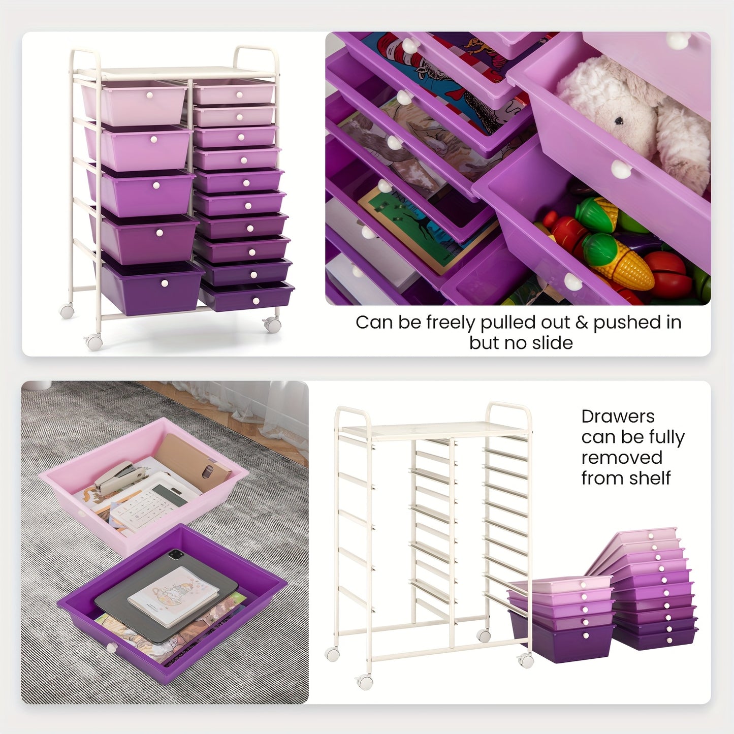Opberkkastje – Opbergwagen – Ladenkast – Rolcontainer – Organizer – Paars – 12 Laden In 2 Maten – Stevig Metalen Frame & 360° Zwenkwieltjes