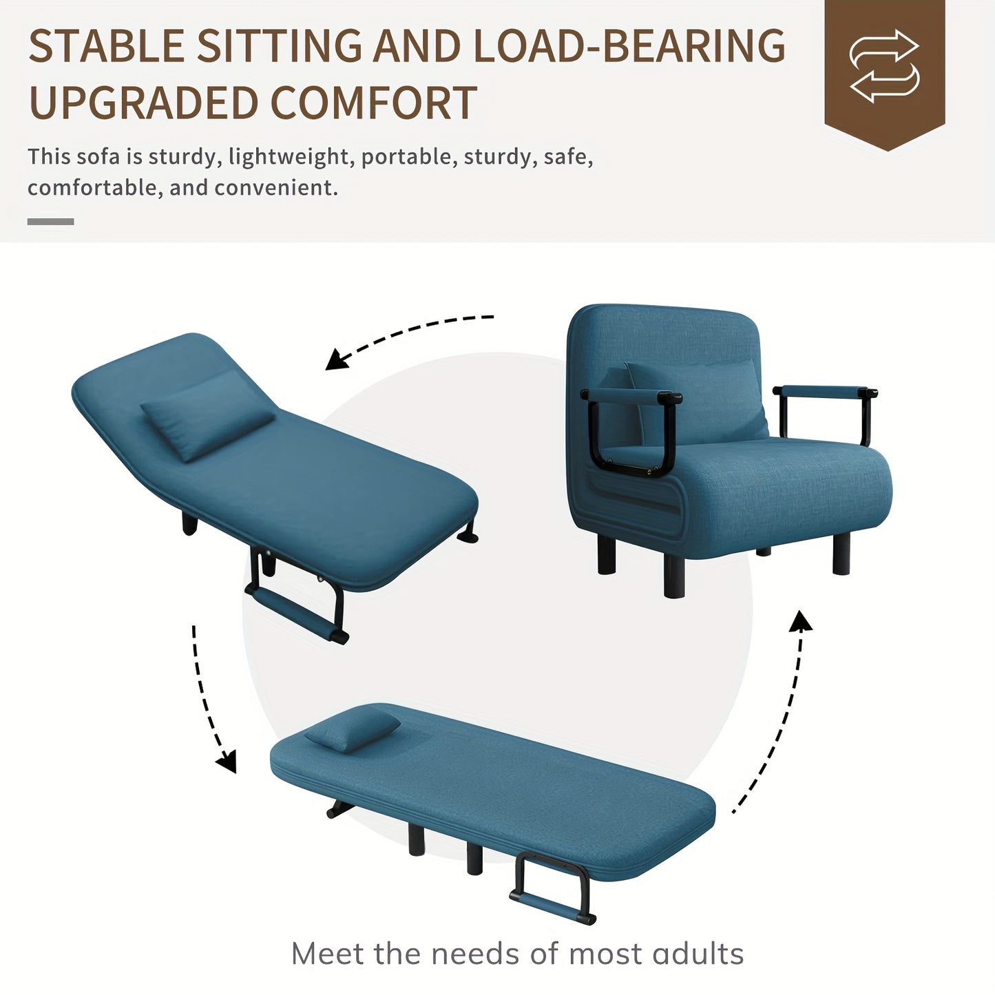 Slaapbank – Slaapfauteuil – Logeerbed – Zitbank – Relaxstoel – Verstelbare Rugleuning 5 Standen – Comfortabele Kussens & Gouden Metalen Armleuningen – Blauw – Draagvermogen 200 kg – 60x68x85 cm – Modern Design