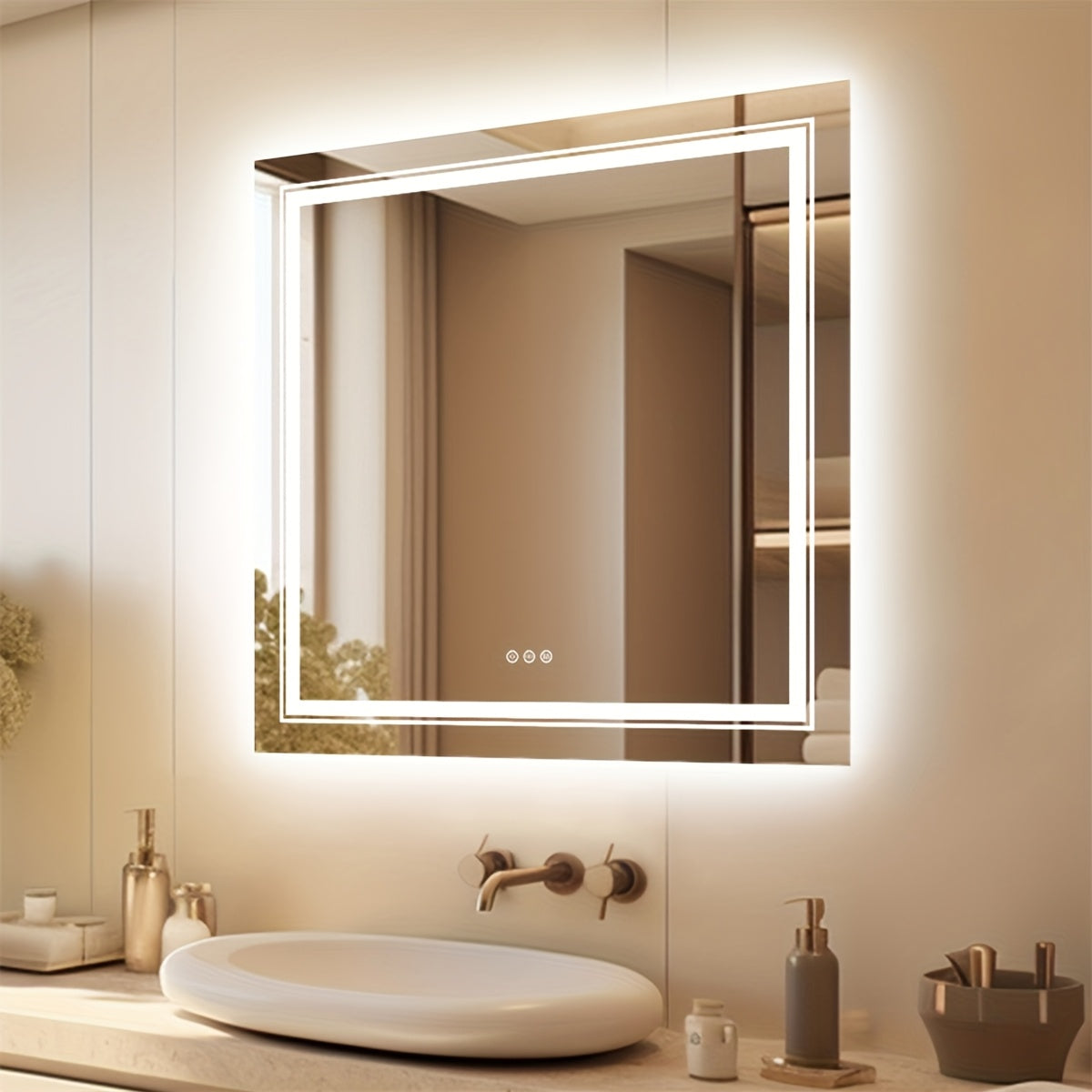 Badkamerspiegel – Led Spiegel – Wandspiegel – Make-up Spiegel – Frameloze Spiegel – 80x80 cm – Anti-Condens – Dimbaar Licht