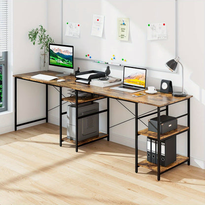 L-vormig Bureau – Hoekbureau – Computertafel – Thuiswerkplek Bureau – Bureau Met Opbergruimte – 242 cm Lang – Met Stevig Metalen Frame – Bruin Houtlook