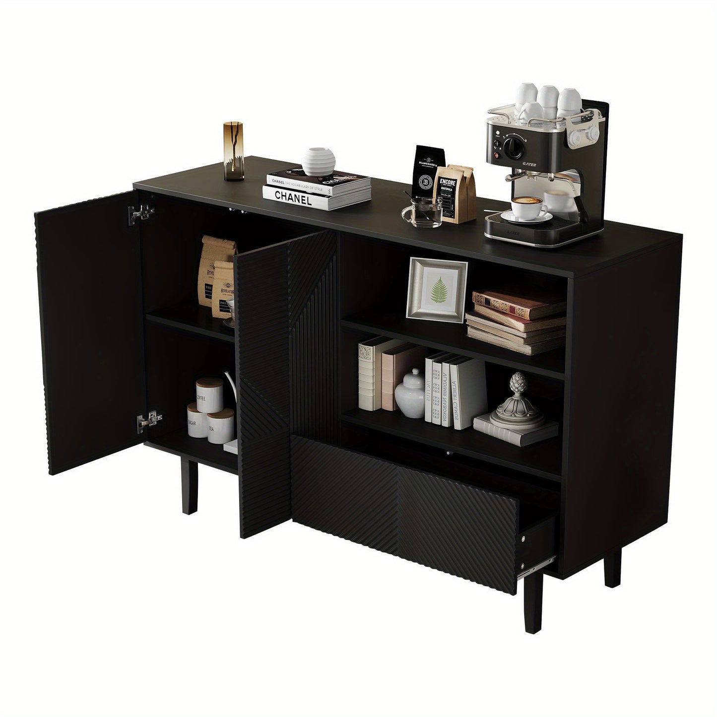 Dressoir – Opbergkast – Buffettafel – TV-meubel – Kast – Mat Zwart – Geometrisch Reliëf – 125x40x86 cm – Stevige Spaanplaat</s>