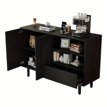 Dressoir – Opbergkast – Buffettafel – TV-meubel – Kast – Mat Zwart – Geometrisch Reliëf – 125x40x86 cm – Stevige Spaanplaat</s>