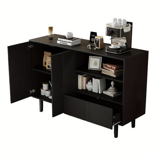 Dressoir – Opbergkast – Buffettafel – TV-meubel – Kast – Mat Zwart – Geometrisch Reliëf – 125x40x86 cm – Stevige Spaanplaat</s>
