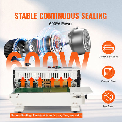 Bandsealer – Continue Sealmachine – Zaksealer – Doorlopende Sealapparaat – Automatische Sluitmachine – Koolstofstaal Behuizing – 600W Vermogen – Tel- en Printfunctie