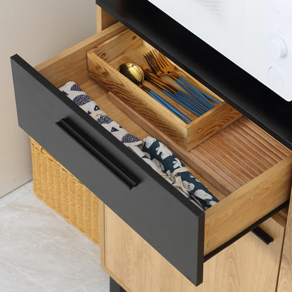 Keukenkast – Buffetkast – Opbergkast – Magnetronkast – Keukenbuffet – Modern Design – Verstelbare Planken – Anti-Kantel Systeem – 180 cm Hoog – Zwart/Naturel Hout