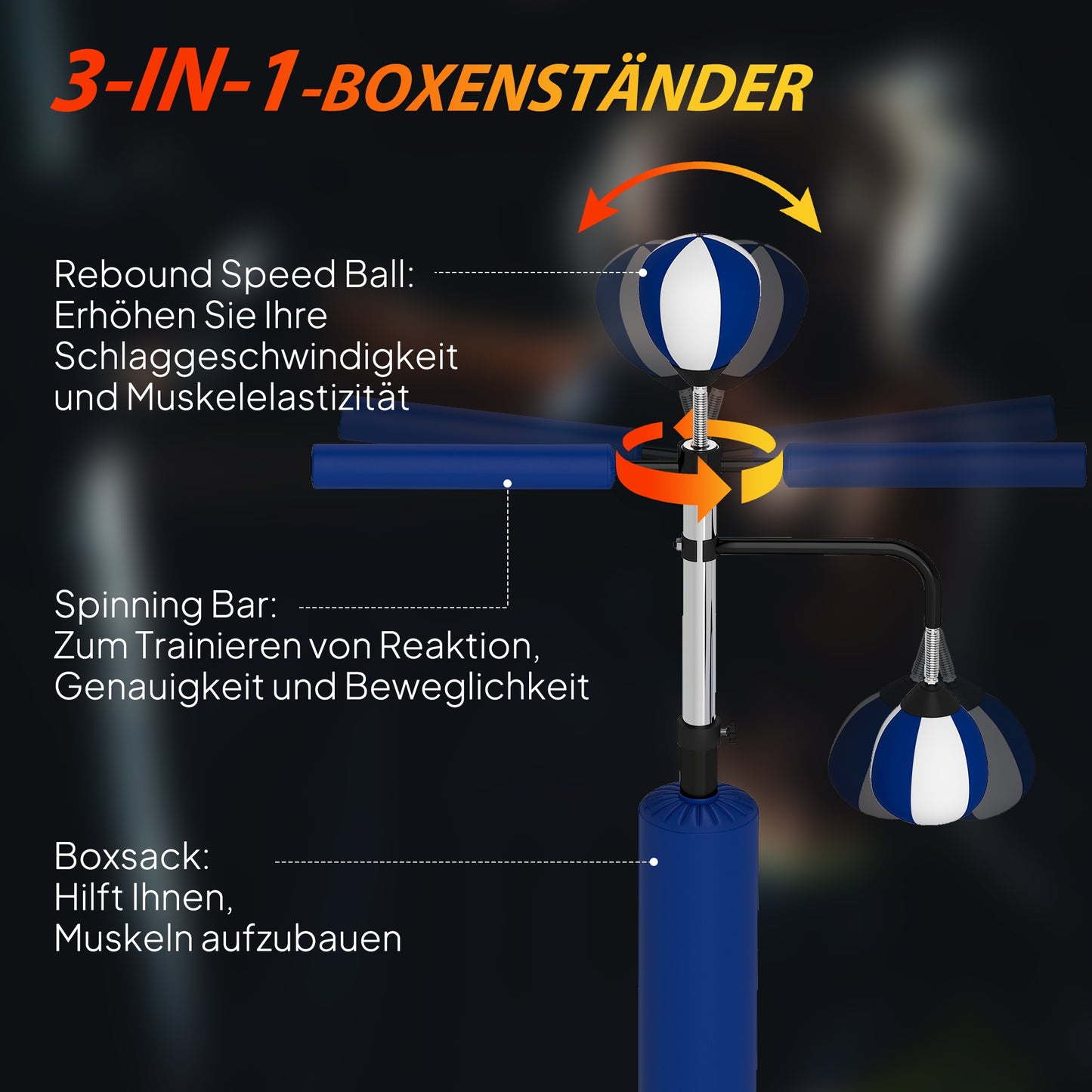 Bokszakstandaard – Bokspaal – Boksbalstandaard – Punchingball – Kickpad – Verstelbaar in Hoogte – Stalen Constructie – Blauw