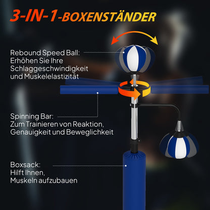 Bokszakstandaard – Bokspaal – Boksbalstandaard – Punchingball – Kickpad – Verstelbaar in Hoogte – Stalen Constructie – Blauw