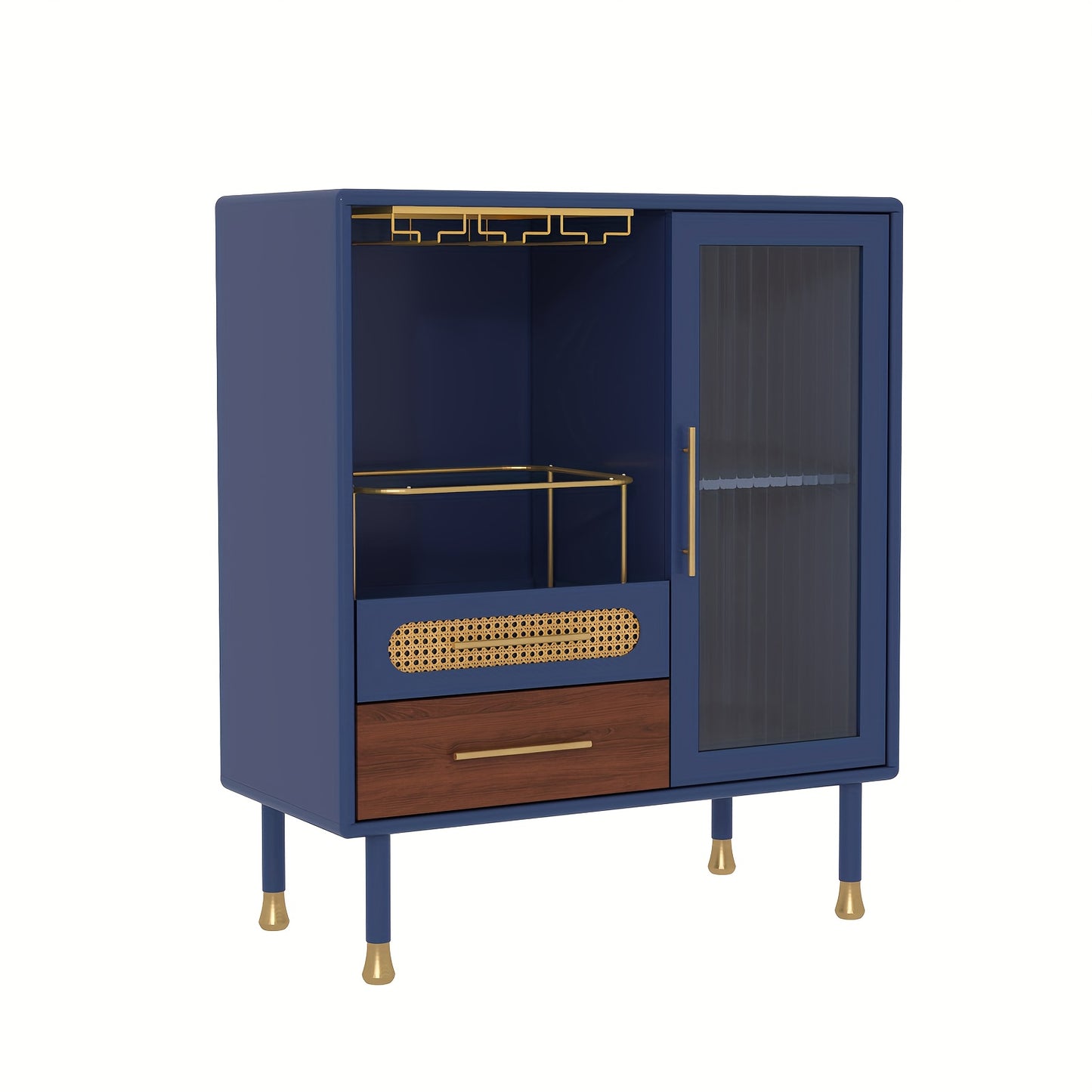 Wijnkast – Dressoir – Sidetable – Opbergmeubel – Vintage Sideboard – Blauw – Hoogwaardige MDF Constructie – Met Deur, Lades En Wijnrek