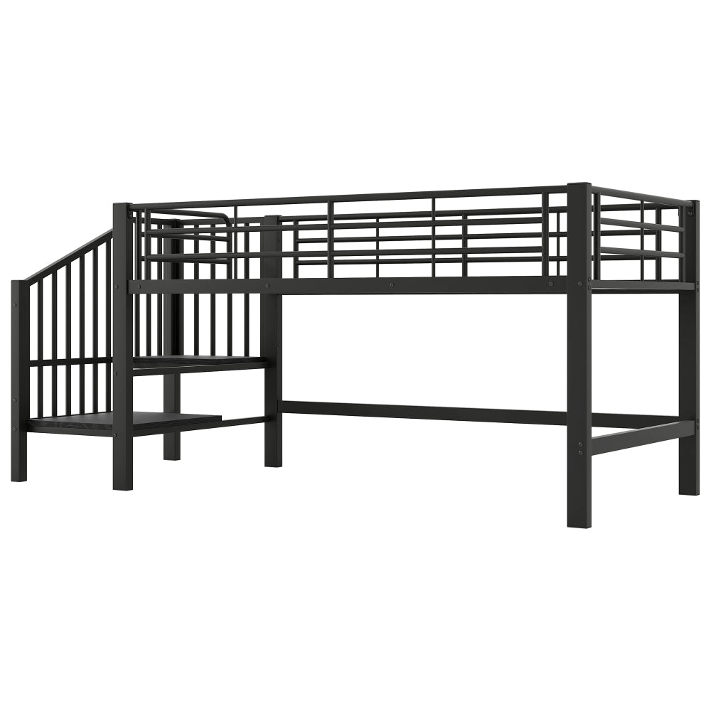 Hoogslaper – Bedframe – Mid-hoogslaper – Stapelbed – Kinderbed – 90x200 cm – Zwarte Opbergladder – Ruimtebesparend Design