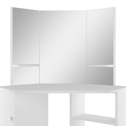 White Modern Corner Makeup Vanity Table with Oak Veneer - Space-Saving Curved Design, Easy Assembly, 3.2 Cu Ft, Low-Profile Height (<68.58cm) Freestanding Dressing Table for Small Bedrooms & Dressing Rooms (Engineered Wood)