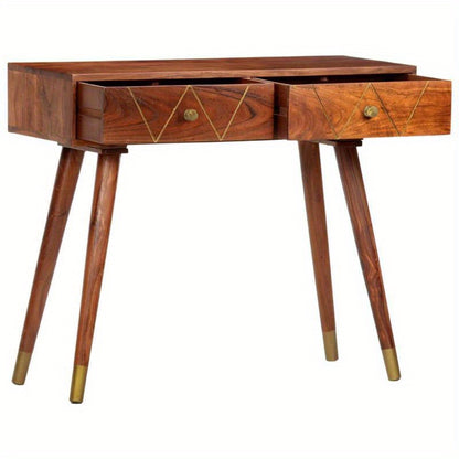 Elegant Solid Acacia Wood Wall Table with Geometric Brass Handles - 3-Drawer Design, 90x35x76cm, Ideal for Bedroom, Living Room, Office - Natural Floor Standing Storage Unit, Cute Room Decor, Standing Shelf