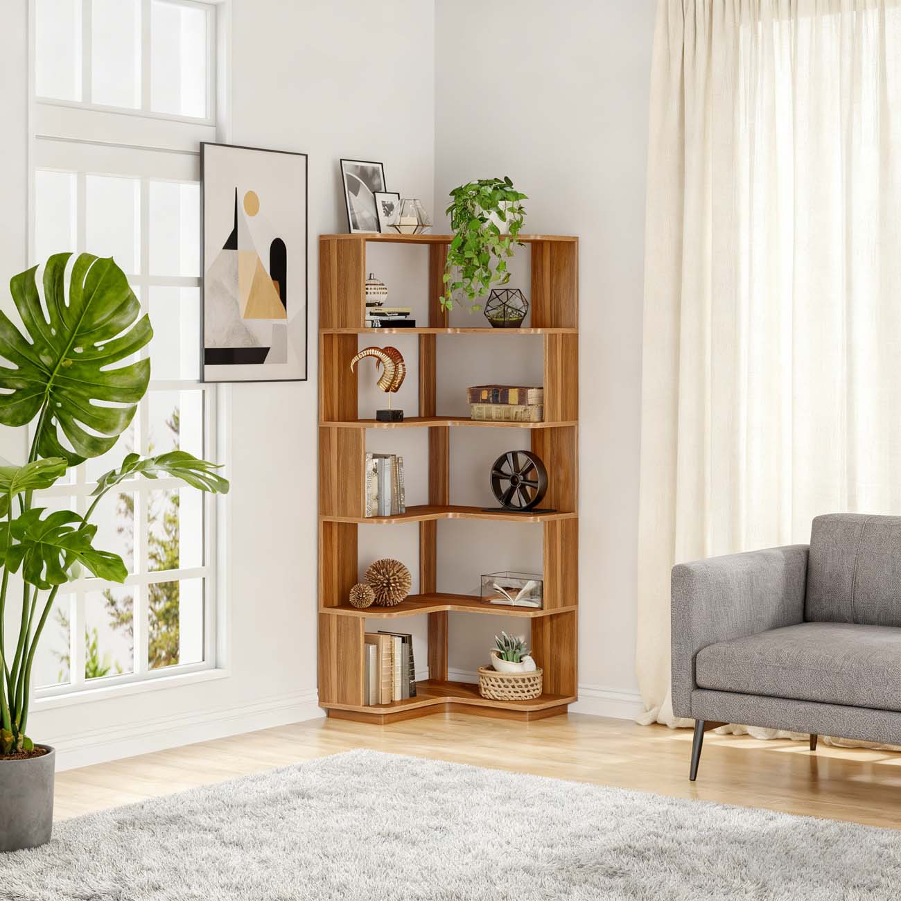 Hoekboekenplank – Hoekrek – Boekenkast – Opbergkast – Vakkenkast – Walnoot Houtnerf – Vrijstaand 6 Niveaus – Anti-Val Zijpanelen