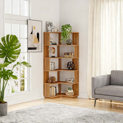 Hoekboekenplank – Hoekrek – Boekenkast – Opbergkast – Vakkenkast – Walnoot Houtnerf – Vrijstaand 6 Niveaus – Anti-Val Zijpanelen