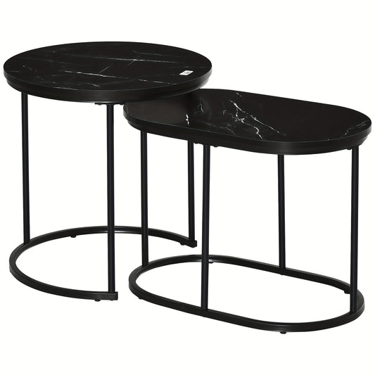 Salontafel – Koffietafel – Tafeltje – Bijzettafel – Woonkamertafel – Set Van 2 Ronde Ovale Tafels Zwart – Stijlvol Modern Design – Stapelbaar En Compact – MDF En Staal – 50x50x5 cm – Max. 30 kg