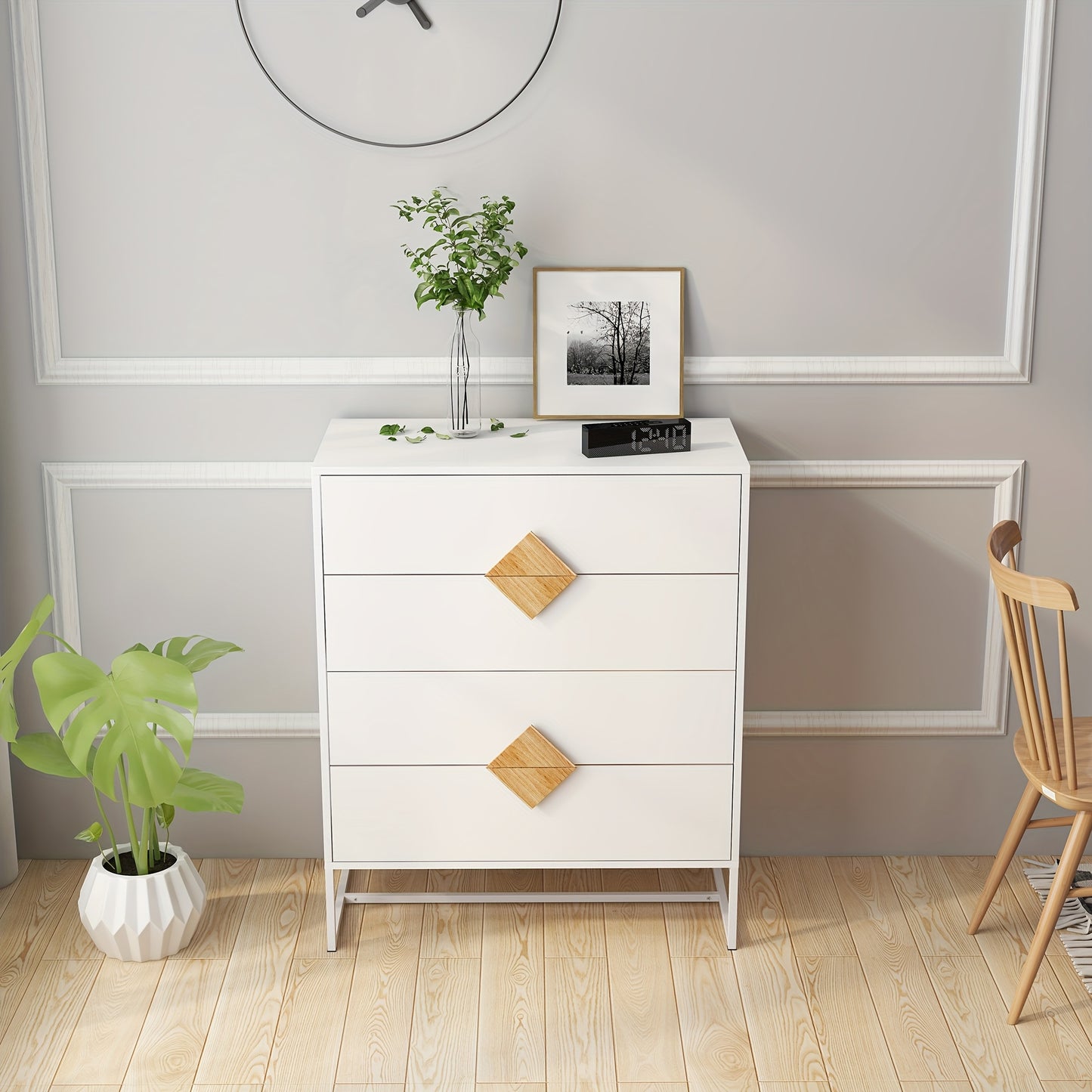 Ladekast – Kast – Dressoir – Opbergmeubel – Commode – Wit – Bamboe Materiaal – Ruime Opbergruimte Van ≥3,2 Kubieke Voet
