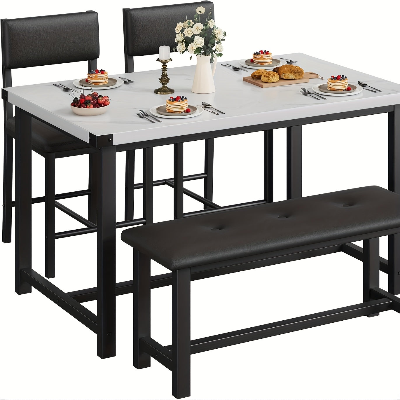 Eettafelset – Eettafel – Stoelenset – Bank – Tafel met Stoelen – Wit Kunstmarmer Blad – Compact 4-Zits – Duurzaam Houten Frame