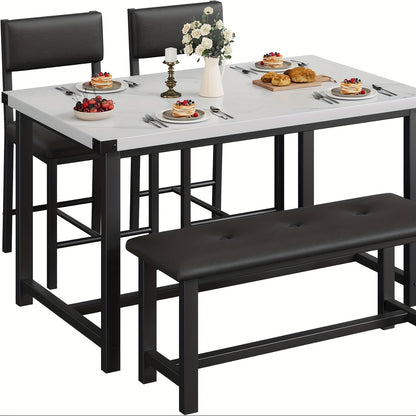 Eettafelset – Eettafel – Stoelenset – Bank – Tafel met Stoelen – Wit Kunstmarmer Blad – Compact 4-Zits – Duurzaam Houten Frame