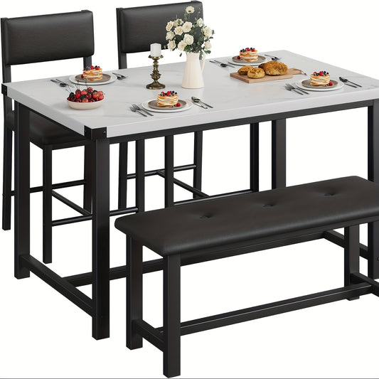 Eettafelset – Eettafel – Stoelenset – Bank – Tafel met Stoelen – Wit Kunstmarmer Blad – Compact 4-Zits – Duurzaam Houten Frame