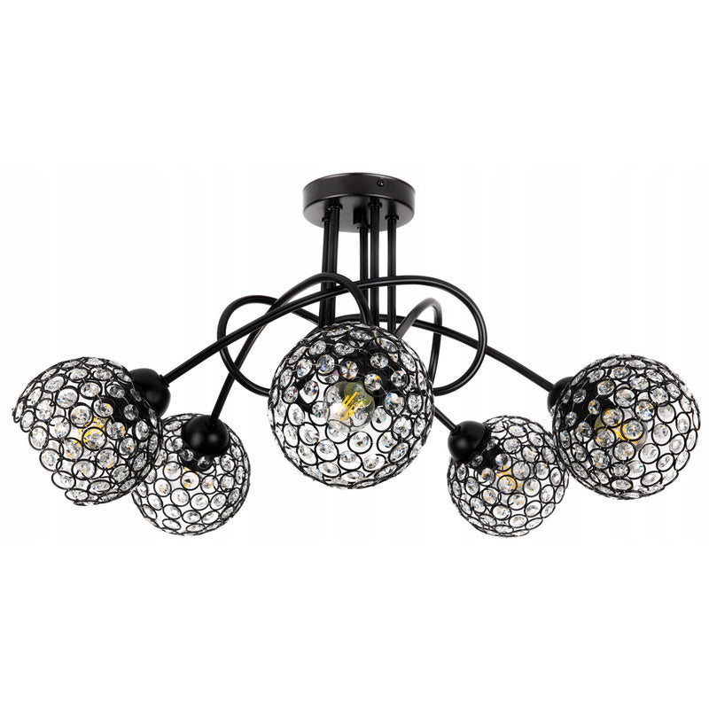Plafondlamp – Plafonnière – Hanglamp – Kroonluchter – Kristallen Lamp – Vijf Lichtpunten – Metaal en Kristal – Zwart – 37 cm Hoog – E27 Fitting