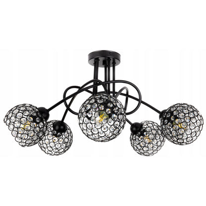 Plafondlamp – Plafonnière – Hanglamp – Kroonluchter – Kristallen Lamp – Vijf Lichtpunten – Metaal en Kristal – Zwart – 37 cm Hoog – E27 Fitting
