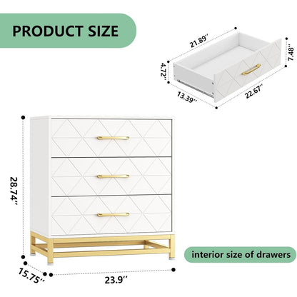 Ladekast – Dresser – Commode – Opbergkast – Nachtkastje – Wit & Gouden Metaal – 3 Ruime Lades – 68,58 cm Hoog – Duurzame Stalen Constructie
