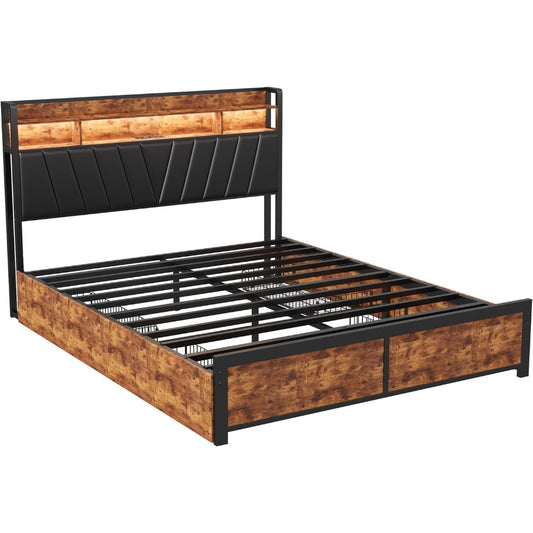 Bedframe – Bedbodem – Bedframe Met Laden – Bedombouw – Bed Met Opbergruimte – 180x200 cm – LED Verlichting Met USB Opladen – Zwart Met 4 Laden