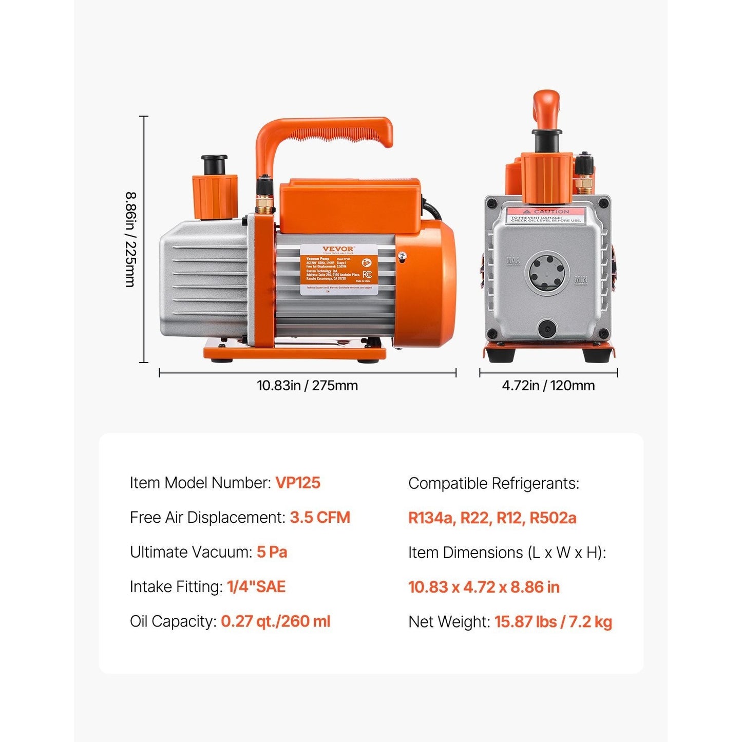 Vacuümpomp – Vacuümpompset – Aircopomp – Koeltechniek Set – Manometerset – Compatibel Met R134a R22 R12 R502 – 3,5 CFM Capaciteit – Precisie Manometer Met Kleurgecodeerde Slangen – Oranje Variant