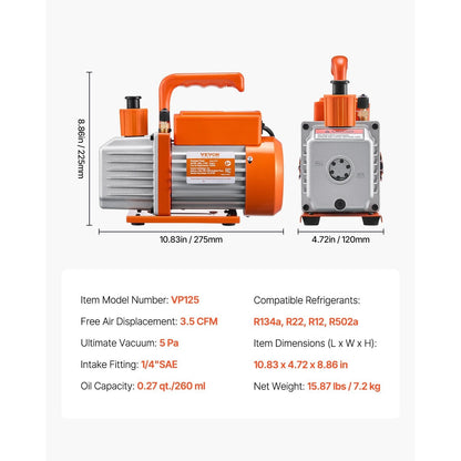 Vacuümpomp – Vacuümpompset – Aircopomp – Koeltechniek Set – Manometerset – Compatibel Met R134a R22 R12 R502 – 3,5 CFM Capaciteit – Precisie Manometer Met Kleurgecodeerde Slangen – Oranje Variant