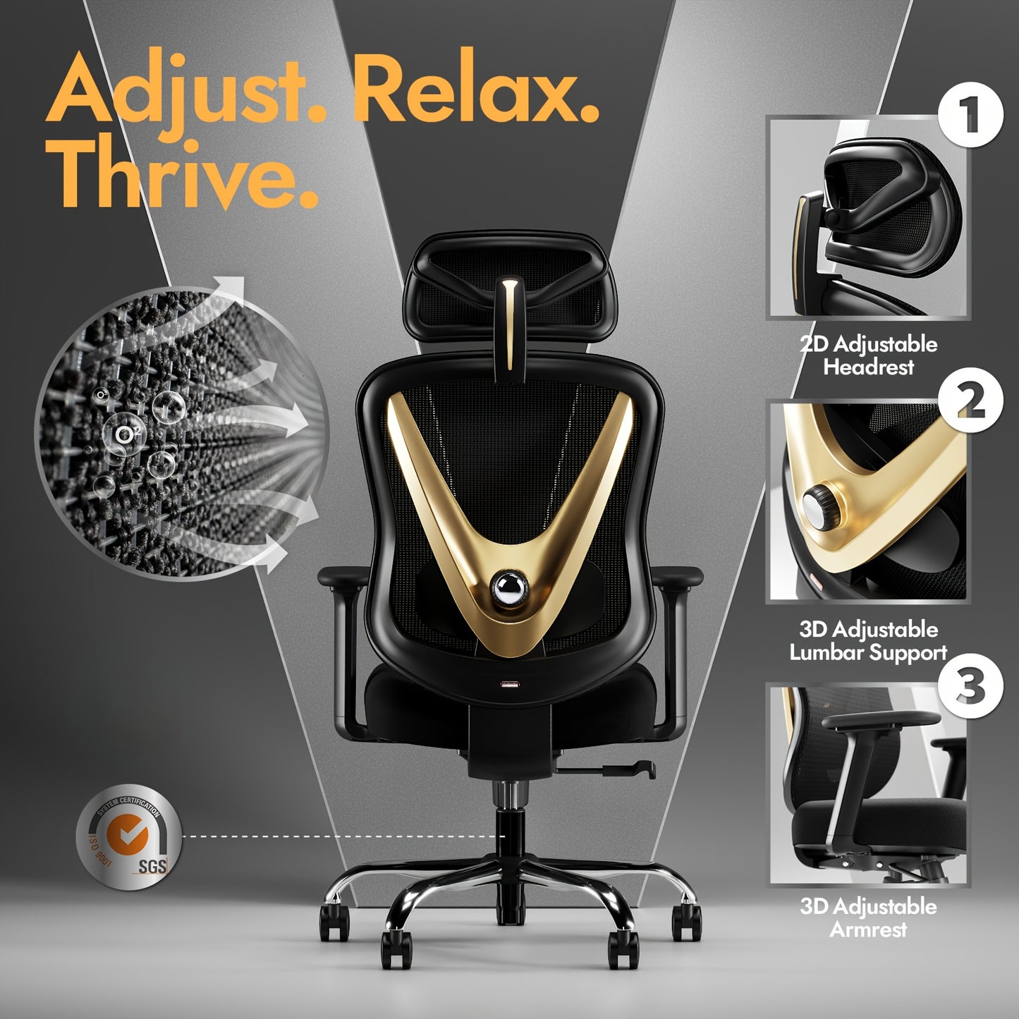 Ergonomische Bureaustoel – Werkstoel – Kantoorstoel – Desk Chair – Computerstoel – Verstelbare Zitdiepte – Hoogte – 135° Kantelbare Rugleuning – Ademend Mesh – Aluminium Onderstel Zwart-Zilver