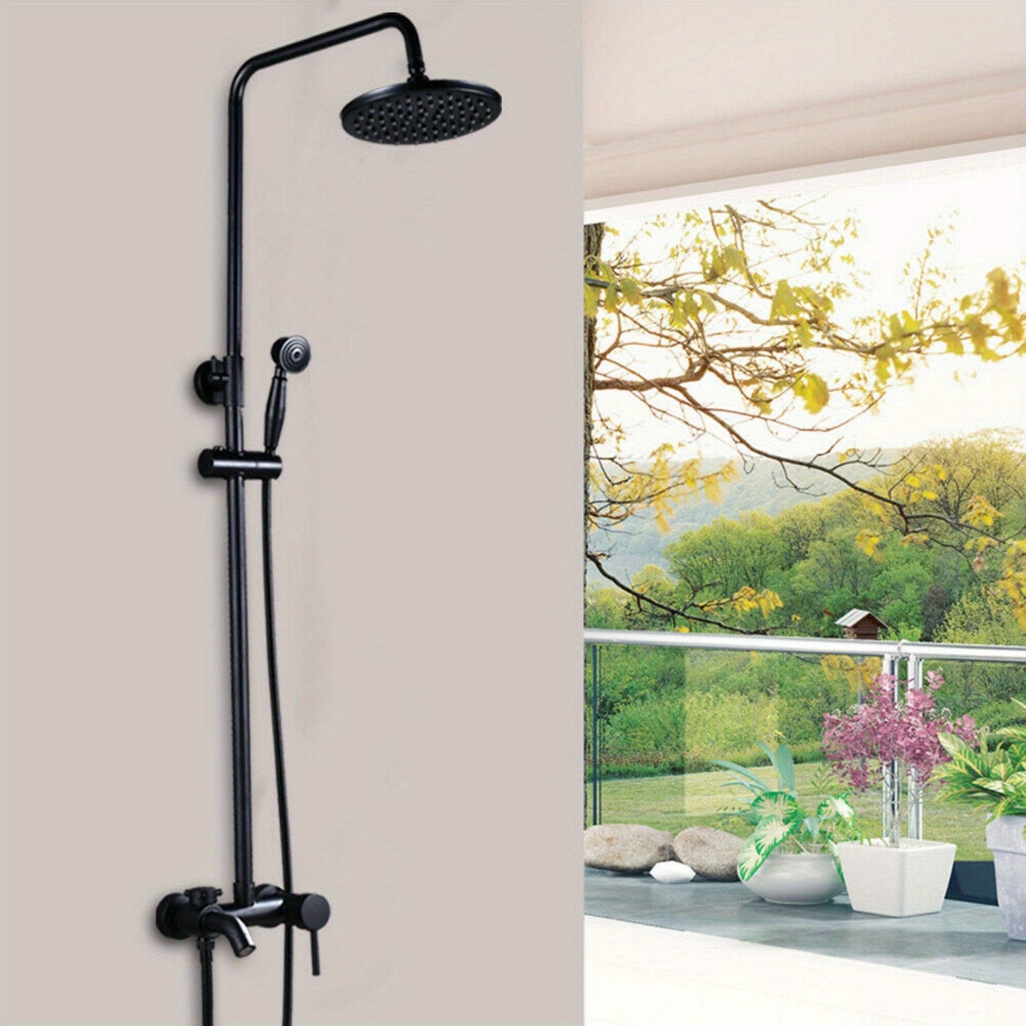 Douche Systeem – Douchekolom – Handdouche – Douchekraan – Wandgemonteerd – Zwart Design – RVS & Messing – Verstelbare Hoogte 85-110 cm
