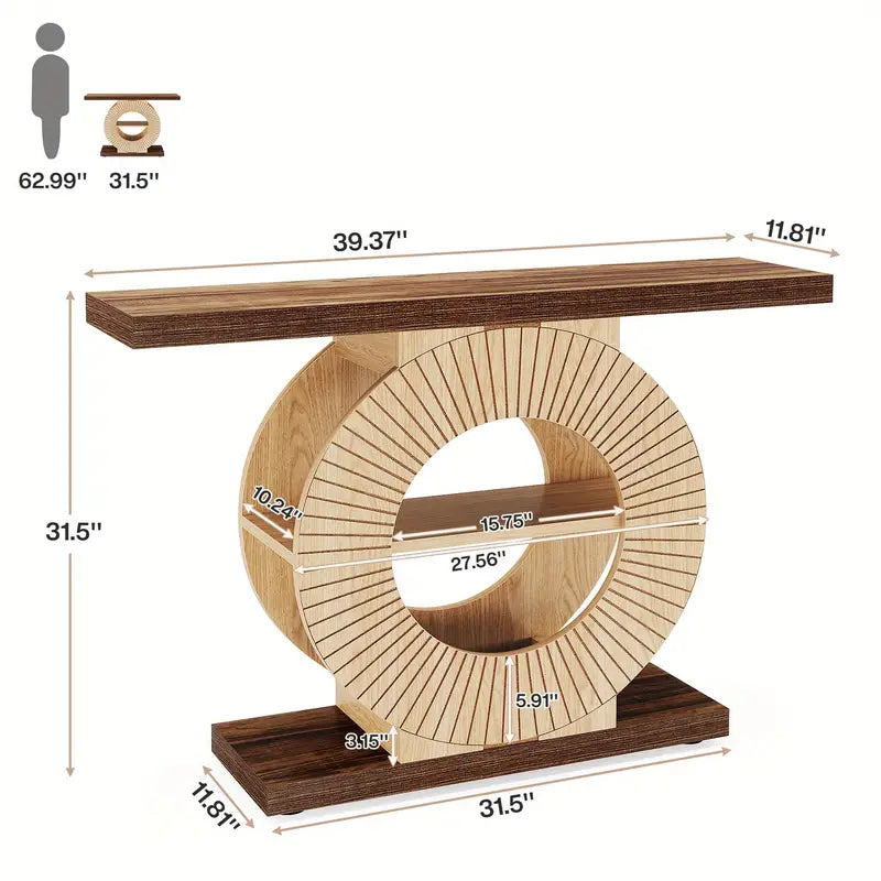 Console Tafel – Halltafel – Sofa Tafel – Entree Tafel – Accent Tafel – Modern Farmhouse – Massief Hout & Open Opbergruimte – Walnootbruine Afwerking – Stevige Ronde Basis – 39.3 Inch